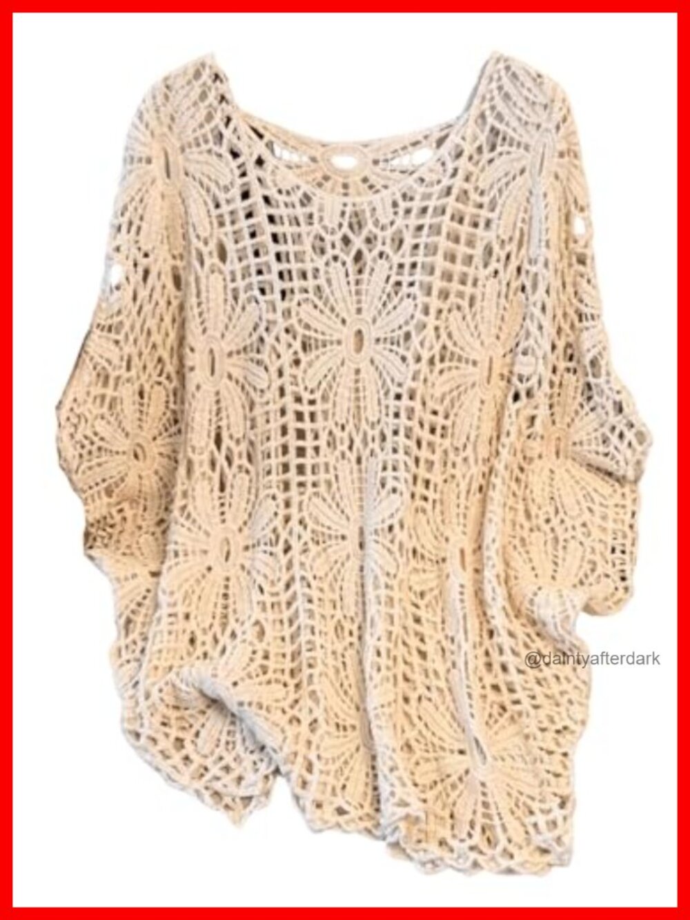 Plus Size Crochet Boho Beach Cover Up 3/4 Sleeve Dolman Sweater Top